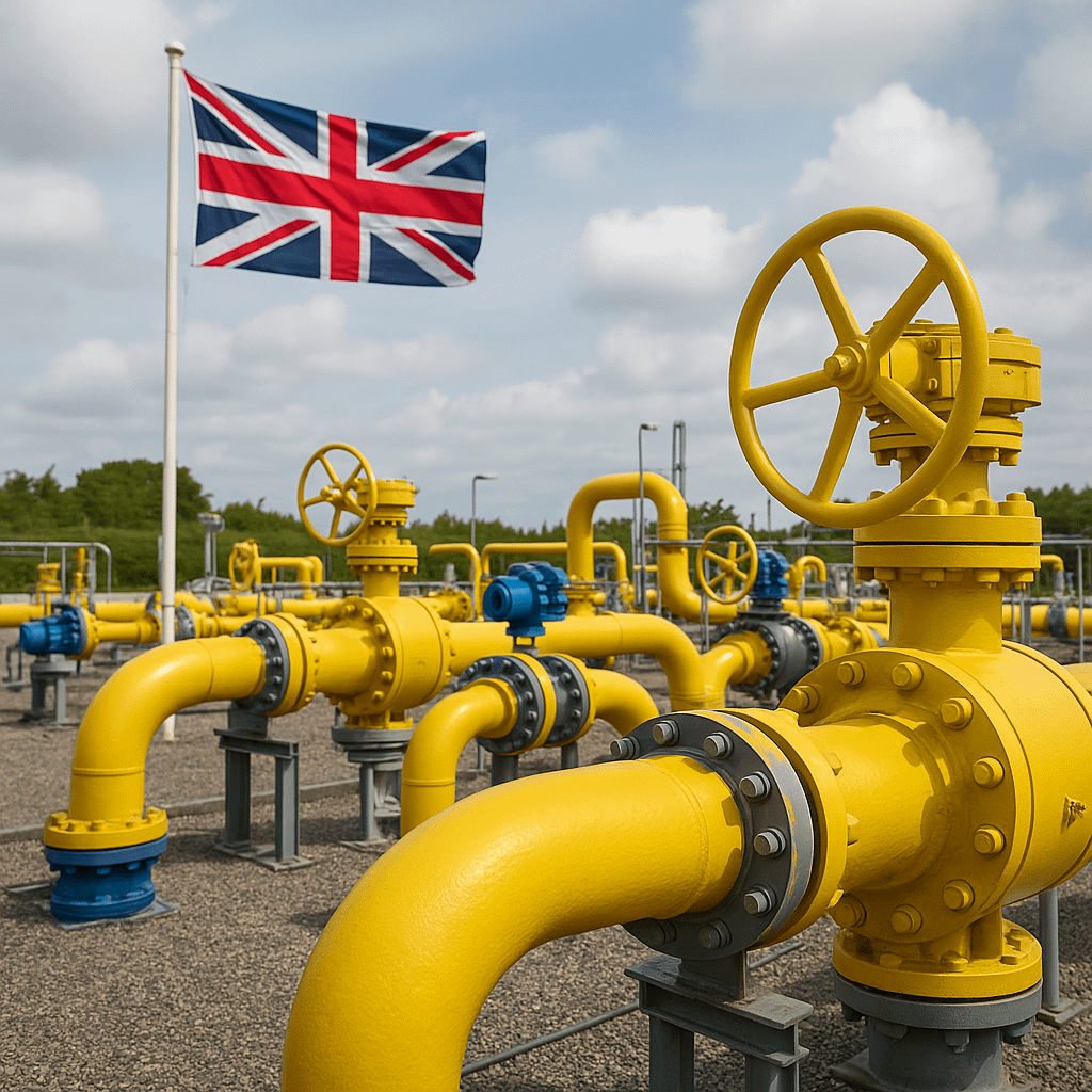 The UK Gas Grid's Prisoner's Dilemma: How Strategic Limbo Is Maximising Costs 1 Yellow gas pipeline infrastructure at a UK gas distribution site with valves and a Union Jack flag, illustrating the UK gas grid and current strategic uncertainty.