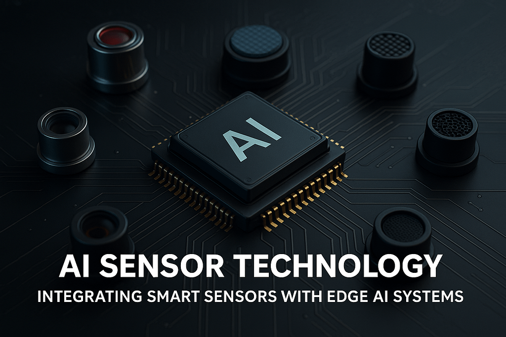 Close-up of AI microchip surrounded by optical and tactile sensors on a dark circuit board, symbolising AI sensor technology integrating smart sensors with edge AI systems.