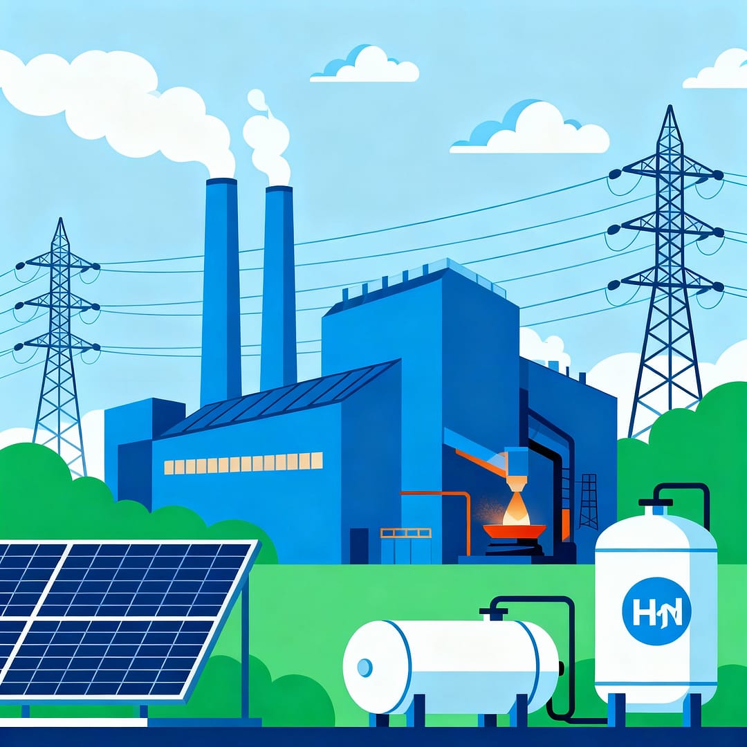 The Hydrogen Cost Debate and Technology Pathways to 2030: Unpicking Economic Arguments and Comparing Battery-Electric with Hydrogen Solutions 9 Illustration showing industrial factories, electric grids, hydrogen tanks, and steelmaking—visualising the integration of electrification and hydrogen pathways for industry decarbonisation,