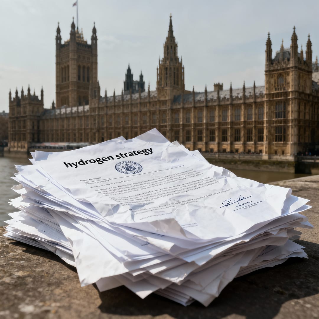 The Illusion of UK Hydrogen Policy Ambition in 2025 7 UK Hydrogen Policy Westminster Palace with stacks of realistic official documents labeled hydrogen strategy in foreground, illustrating the volume of UK government policy papers and consultations versus operational hydrogen project delivery