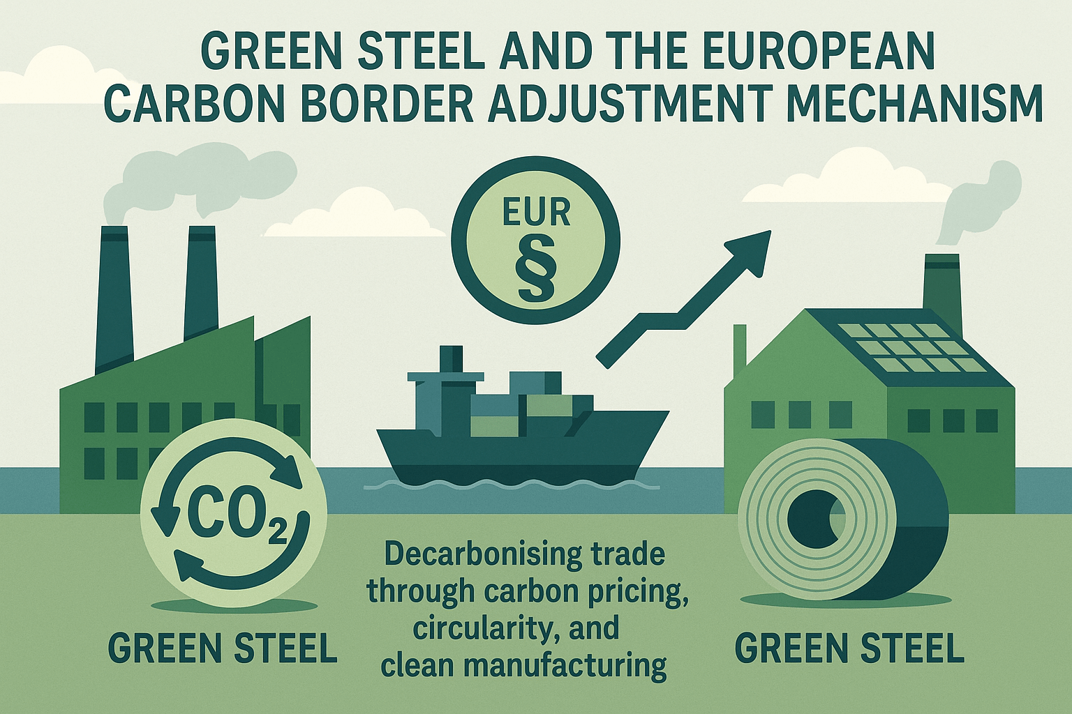 Infographic showing factories, a cargo ship, and CO₂ reduction icons representing the link between green steel and the European Carbon Border Adjustment Mechanism.