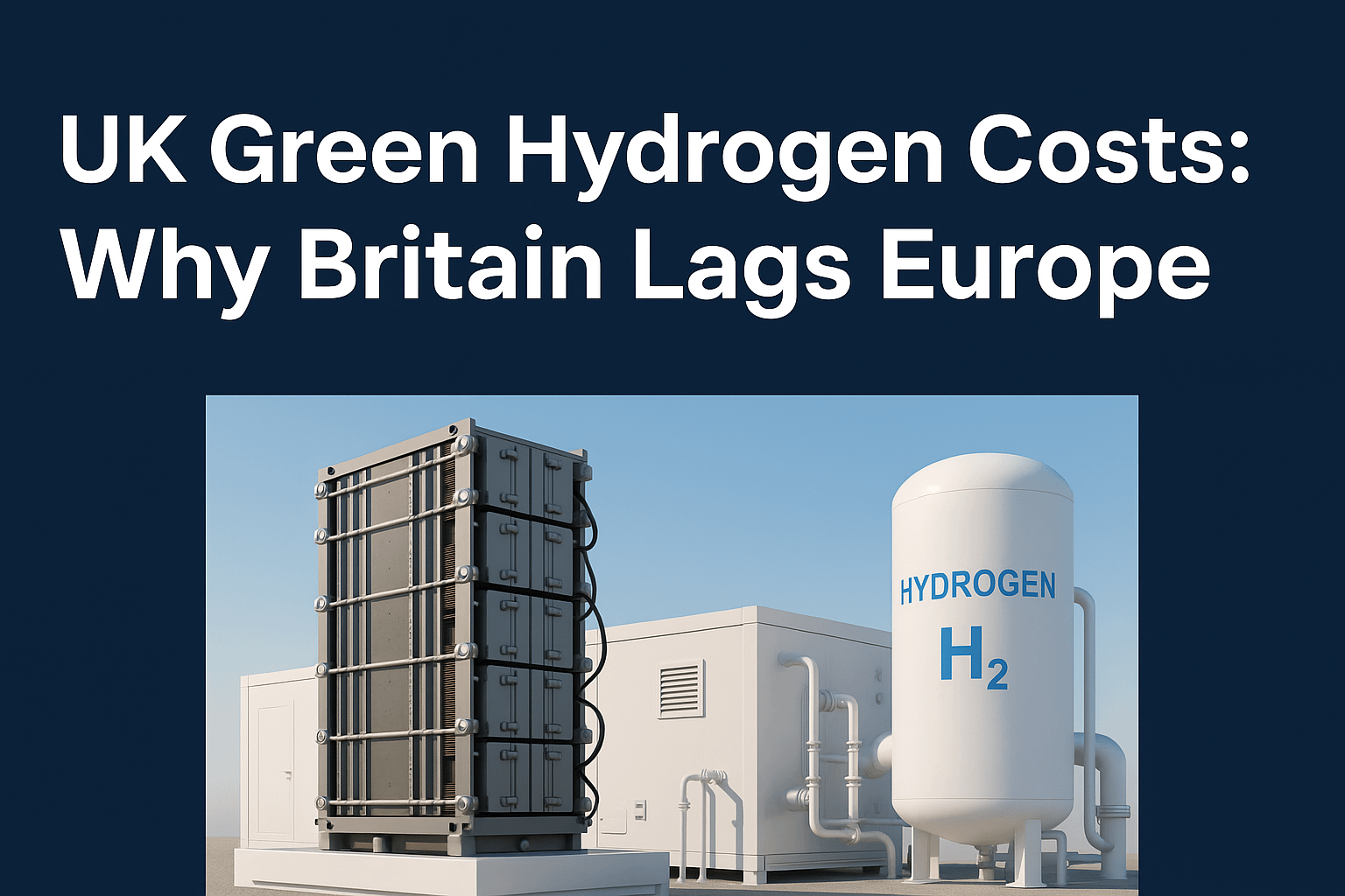 UK green hydrogen costs: the gap between ambition and economics 11 UK Green Hydrogen Costs: Why Britain Lags Europe — title graphic showing a green hydrogen electrolyser and storage tank under a clear blue sky.