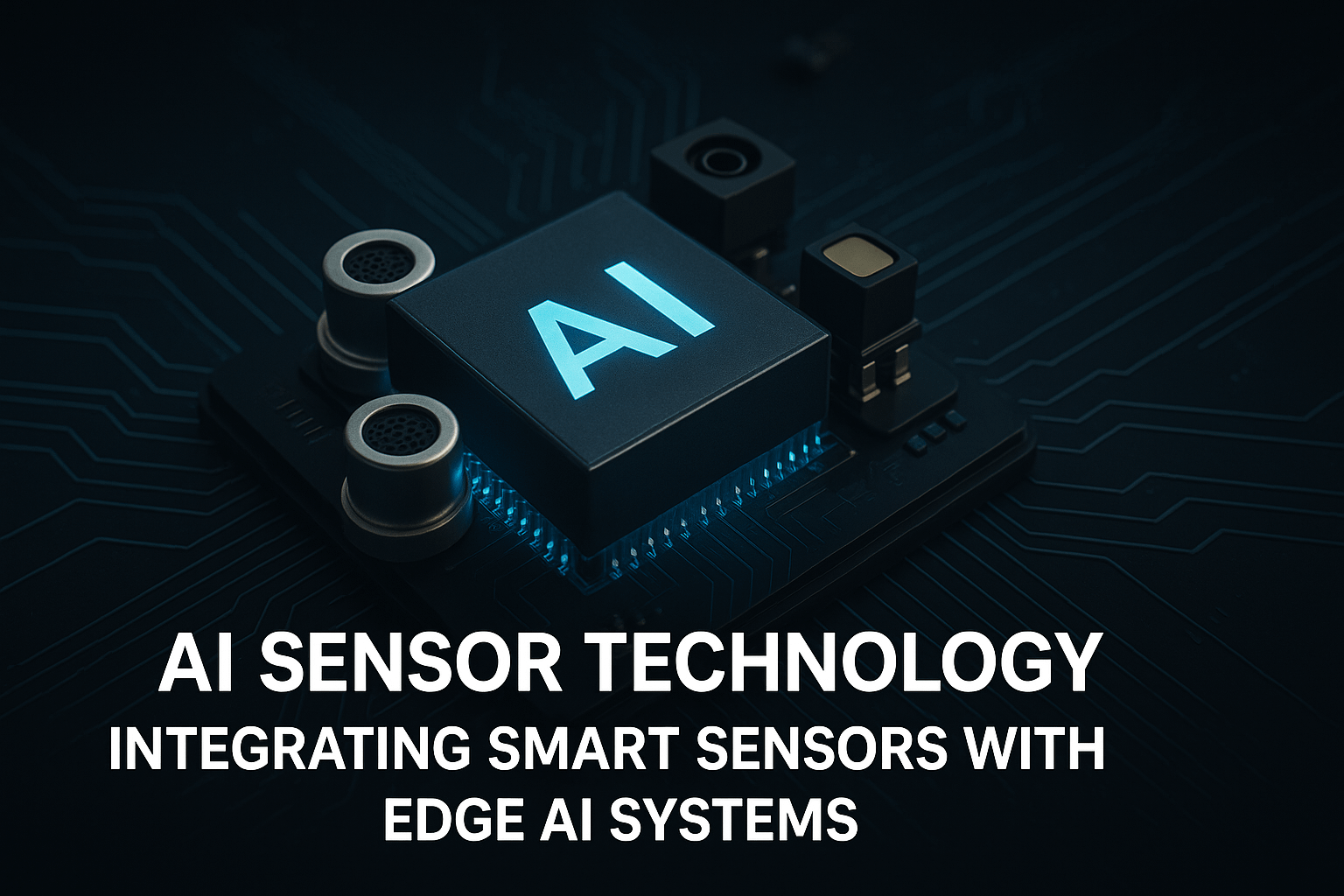 AI Sensor Technology: Why Smart Sensors Define the Real-World Future of Artificial Intelligence 14 Close-up of AI microchip surrounded by optical and tactile sensors on a dark circuit board, representing AI sensor technology integrating smart sensors with edge AI systems.