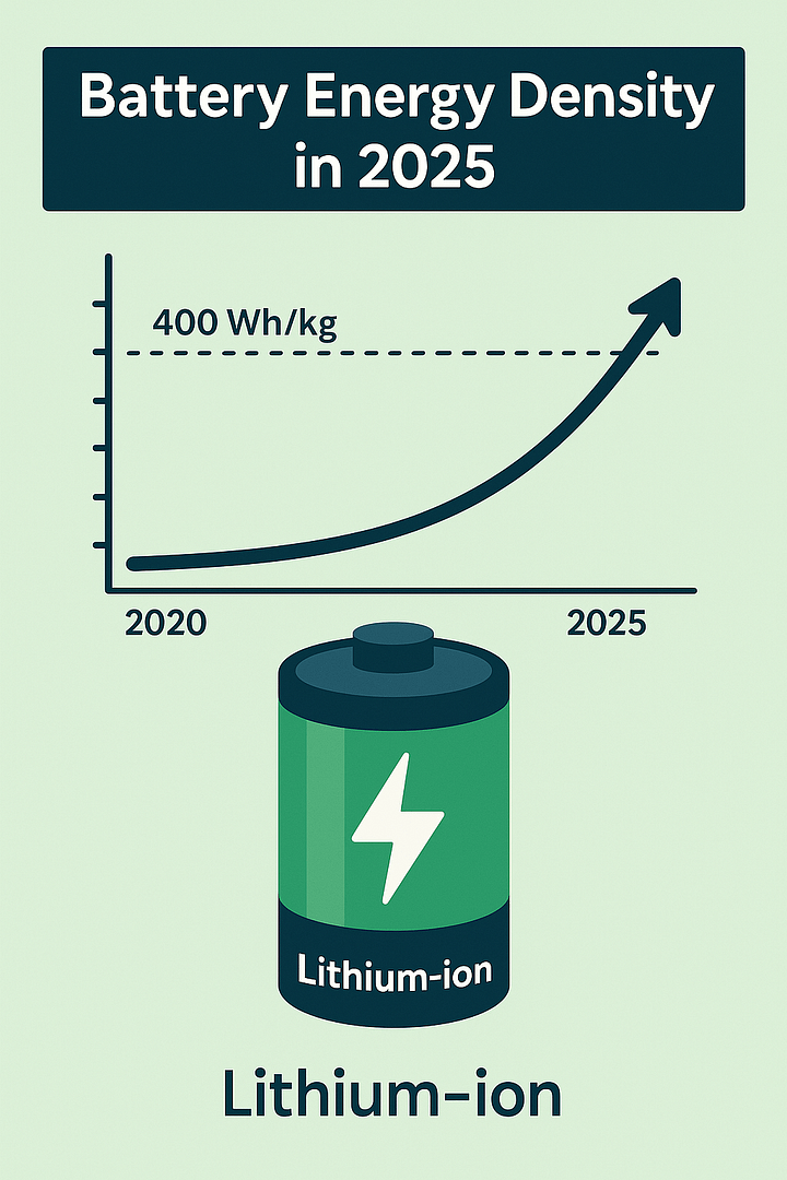 Battery Energy Density: State of the Art and Future Pathways 4 Infographic showing the rise in battery energy density toward 400 Wh/kg by 2025, featuring a green lithium-ion battery icon and upward graph line representing performance improvement.