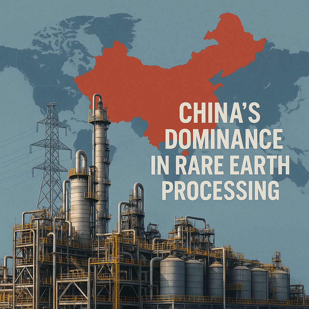 Industrial rare earth processing plant in China with refinery towers, storage tanks, and pipelines set against a world map highlighting China in red, symbolising the country’s dominance in global rare earth refining and export supply chains.
