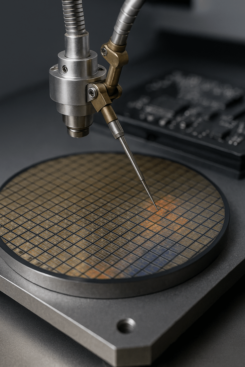 Robotic arm inspecting a circular semiconductor wafer, symbolising advanced magnet manufacturing and rare earth processing bottlenecks under new export controls.