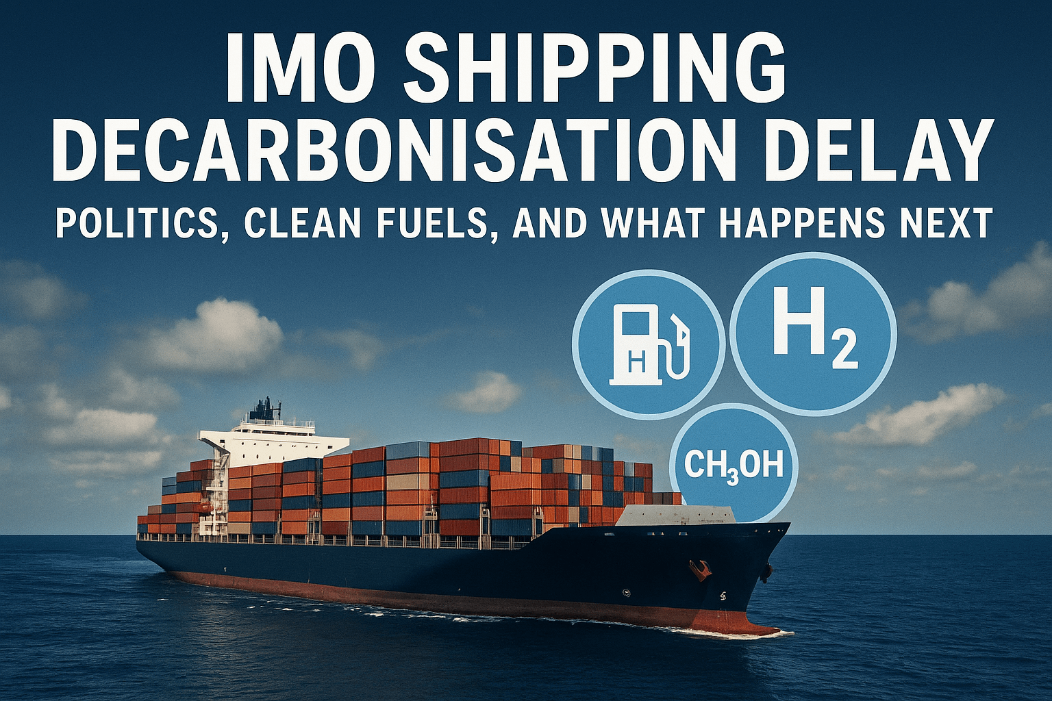 IMO shipping decarbonisation delay illustrated by a container ship at sea with hydrogen, ammonia, and methanol fuel icons representing clean maritime fuels.