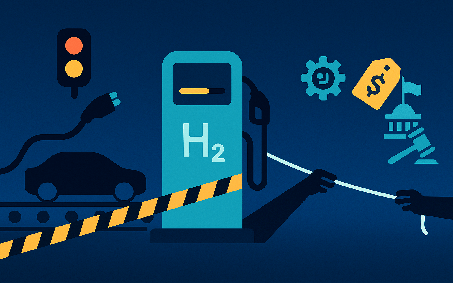 EV and hydrogen slowdowns 2025: paused assembly line, H₂ pump, and policy tug-of-war icons